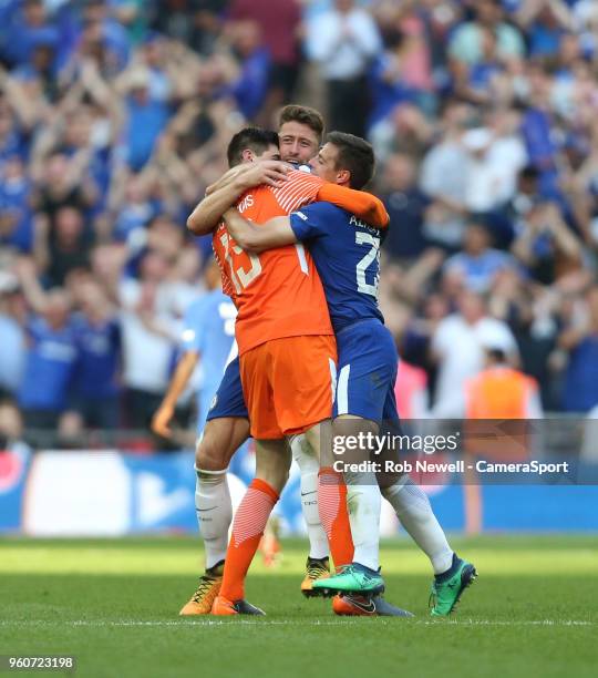 Chelsea's Cesar Azpilicueta, Thibaut Courtois and Gary Cahill celebrate at the final whistle during the Emirates FA Cup Final match between Chelsea...