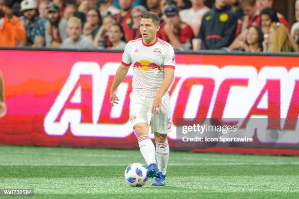 New York's Connor Lade looks to pass the ball during the match between Atlanta United and New York Red Bulls on May 20, 2018 at Mercedes-Benz Stadium...