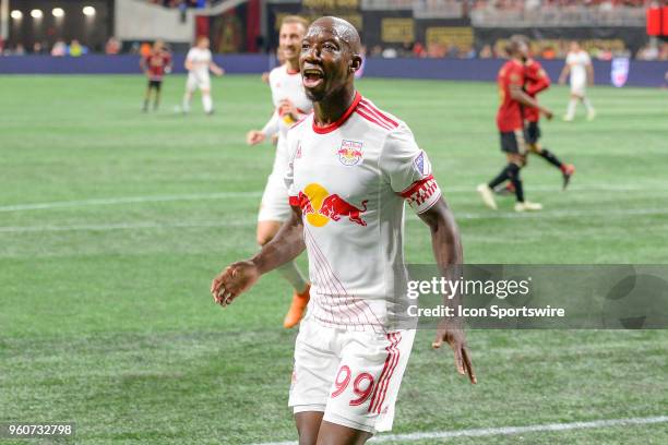 New York's Bradley Wright-Phillips celebrates after scoring his second goal during the match between Atlanta United and New York Red Bulls on May 20,...