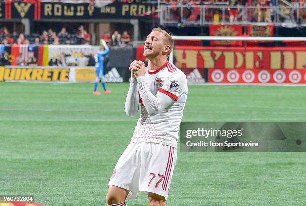 New York's Daniel Royer reacts after missing a shot during the match between Atlanta United and New York Red Bulls on May 20, 2018 at Mercedes-Benz...