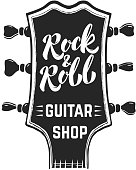 Rock and roll. Guitar headstock with lettering. Design elements for  label, emblem, sign, poster.