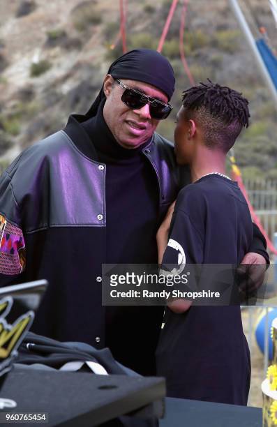 Stevie Wonder and Mandla Morris onstage at MANDAFEST Mandla Morris' 13th Birthday Celebration on May 20, 2018 in Calabasas, California.
