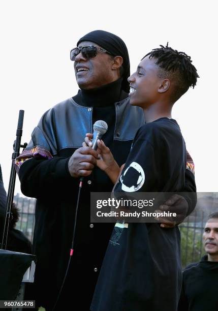 Stevie Wonder and Mandla Morris onstage at MANDAFEST Mandla Morris' 13th Birthday Celebration on May 20, 2018 in Calabasas, California.