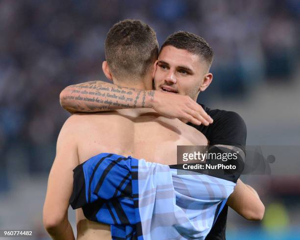 Mauro Icardi celebrates the victory with Ivan Perisic after the Italian Serie A football match between S.S. Lazio and F.C. Inter at the Olympic...