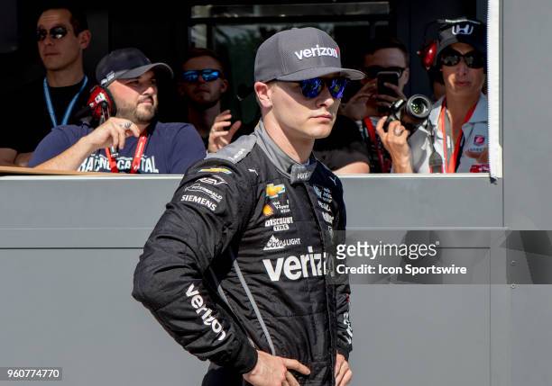 Josef Newgarden, driver of the Verizon Team Penske Chevrolet, awaits the results of the other drivers during Pole Day for the Indianapolis 500, on...