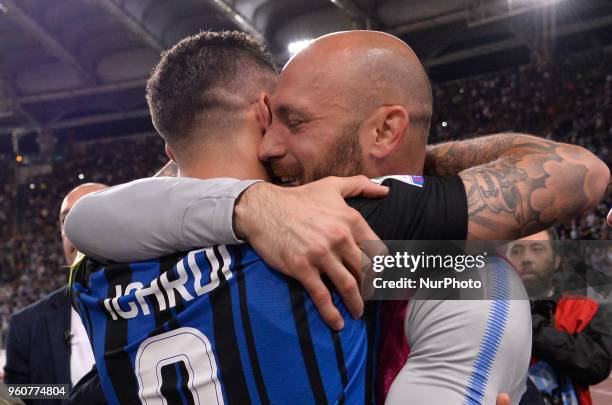Mauro Icardi celebrates the victory with Tommaso Berni after the Italian Serie A football match between S.S. Lazio and F.C. Inter at the Olympic...