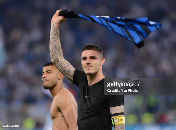 Mauro Icardi celebrates the victory after the Italian Serie A football match between S.S. Lazio and F.C. Inter at the Olympic Stadium in Rome, on may...