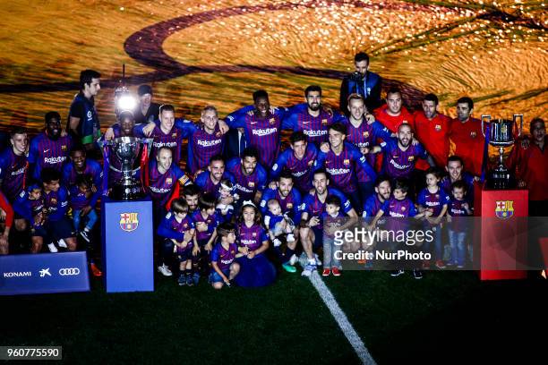 Barcelona team celebrating the trophy of La Liga and the King's Cup during the Andres Iniesta farewell at the end of the La Liga football match...