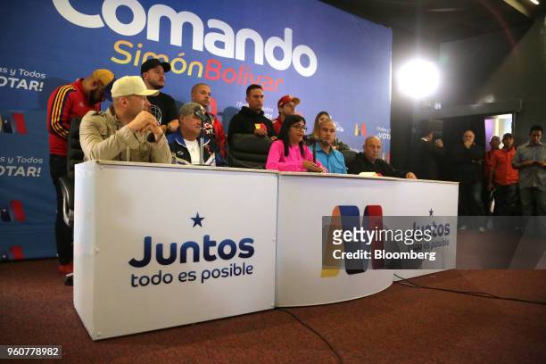 Delcy Rodriguez, president of the Constituent Assembly, center, speaks during a news conference in Caracas, Venezuela, on Sunday, May 20, 2018....