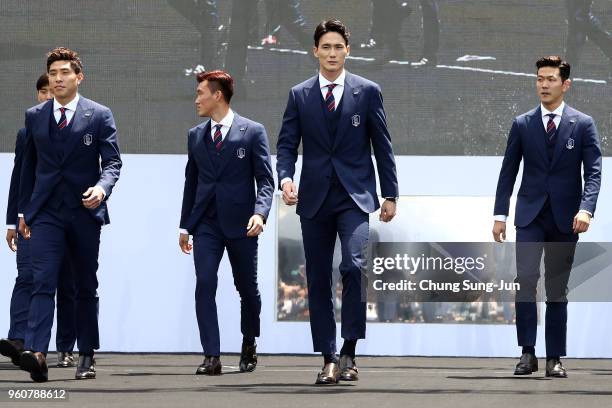 Oh Ban-Suk, Jeong Seung-Hyeon and Yun Young-Sun of South Korea attend the sending off ceremony for FIFA World Cup Russia 2018 at Seoul City Hall on...