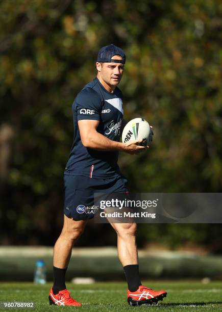 Cooper Cronk of the Roosters looks on during a Sydney Roosters NRL training session at Kippax Oval on May 21, 2018 in Sydney, Australia.
