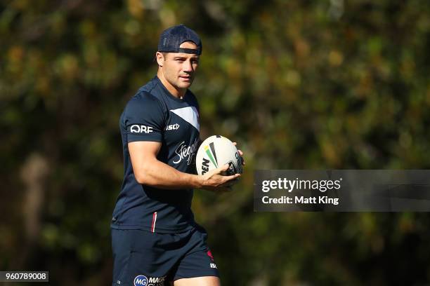 Cooper Cronk of the Roosters looks on during a Sydney Roosters NRL training session at Kippax Oval on May 21, 2018 in Sydney, Australia.