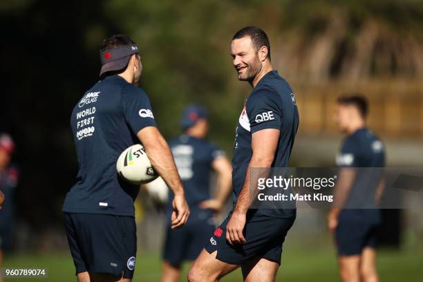 Boyd Cordner of the Roosters looks on during a Sydney Roosters NRL training session at Kippax Oval on May 21, 2018 in Sydney, Australia.