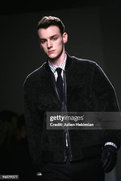 Model walks the catwalk during the Dunhill fashion show during Paris Menswear Fashion Week Autumn/Winter 2010 at Palais De Tokyo on January 23, 2010...