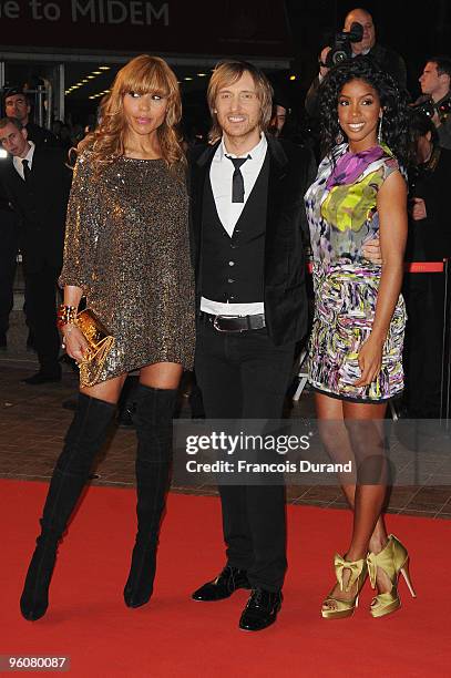 David Guetta, wife Cathy Guetta and Kelly Rowland attend the NRJ Music Awards 2010 at Palais des Festivals on January 23, 2010 in Cannes, France.