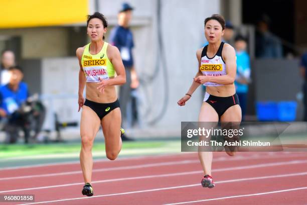 Chisato Fukushima and Kana Ichikawa of Japan compete in the Women's 100m during the Seiko Golden Grand Prix at Yanmar Stadium Nagai on May 20, 2018...