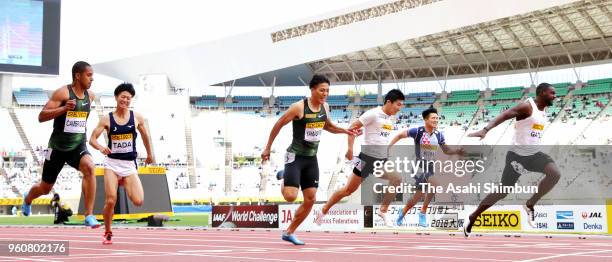 Justin Gatlin of the United States crosses the finish line to win the Men's 100m during the Seiko Golden Grand Prix at Yanmar Stadium Nagai on May...