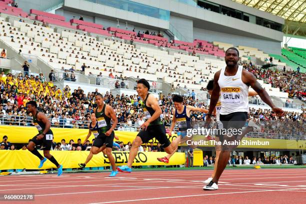 Justin Gatlin of the United States crosses the finish line to win the Men's 100m during the Seiko Golden Grand Prix at Yanmar Stadium Nagai on May...
