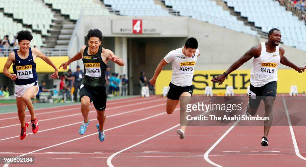 Justin Gatlin of the United States crosses the finish line to win the Men's 100m during the Seiko Golden Grand Prix at Yanmar Stadium Nagai on May...