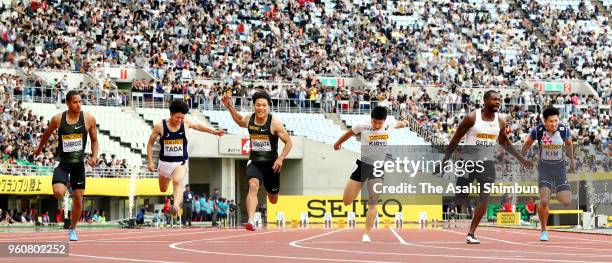 Justin Gatlin of the United States crosses the finish line to win the Men's 100m during the Seiko Golden Grand Prix at Yanmar Stadium Nagai on May...