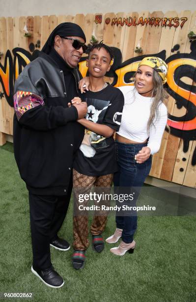 Musician Stevie Wonder, Mandla Morris and Kai Millard attend MANDAFEST Mandla Morris' 13th Birthday Celebration on May 20, 2018 in Calabasas,...