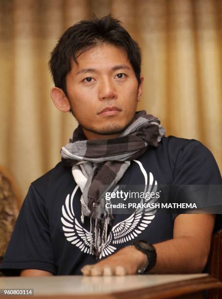 In this picture taken on August 23, 2015 Japanese climber Nobukazu Kuriki attends an event where he accepted a permit to climb Mount Everest in...