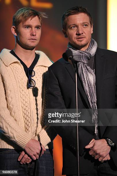 Actors Brian Geraghty and Jeremy Renner speak onstage at the TNT/TBS rehearsals for the 16th Annual Screen Actors Guild Awards at the Shrine...
