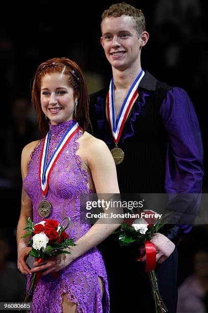 Emily Samuelson and Evan Bates pose with their bronze medals after finishing third in the dance competition at the US Figure Skating Championships at...