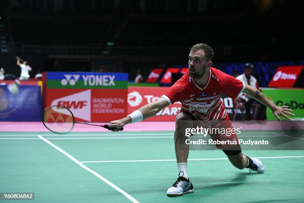 Jan O Jorgensen of Denmark competes against Adel Hamek of Algeria during Preliminary Round on day two of the BWF Thomas & Uber Cup at Impact Arena on...