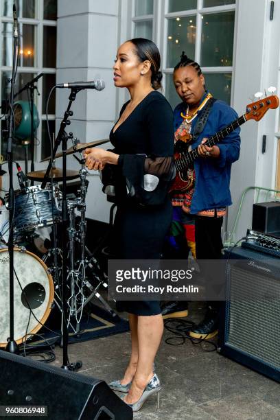 Dawn-Lyen Gardner on stage during The Cinema Society with OWN host the 'Queen Sugar' garden cocktail party at Laduree Soho on May 20, 2018 in New...