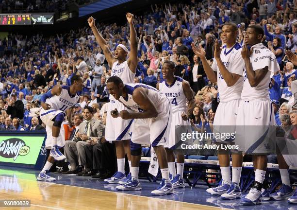 The Kentucky Wildcats celebrate during the SEC game against the Arkansas Razorbacks on January 23, 2010 at Rupp Arena in Lexington, Kentucky....