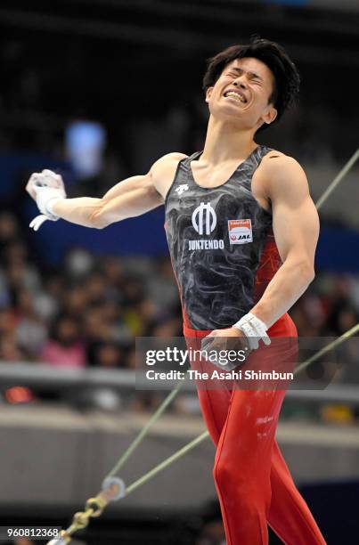 Kazuma Kaya celebrates after competing in the Horizontal Bar during day two of the Artistic Gymnastics NHK Trophy at the Tokyo Metropolitan Gymnasium...