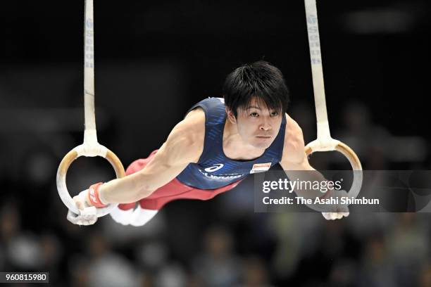 Kohei Uchimura competes in the Rings during day two of the Artistic Gymnastics NHK Trophy at the Tokyo Metropolitan Gymnasium on May 20, 2018 in...