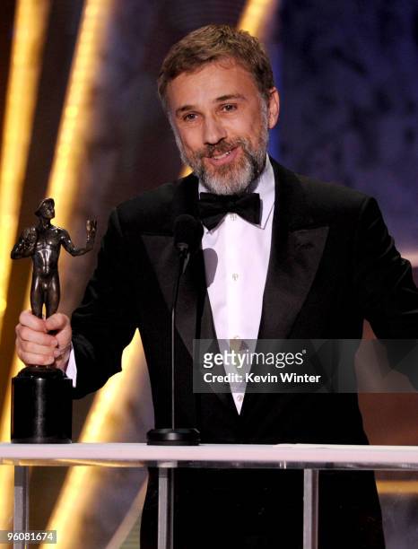 Actor Christoph Waltz accepts the Male Actor In A Supporting Role award for "Inglourious Basterds" onstage at the 16th Annual Screen Actors Guild...