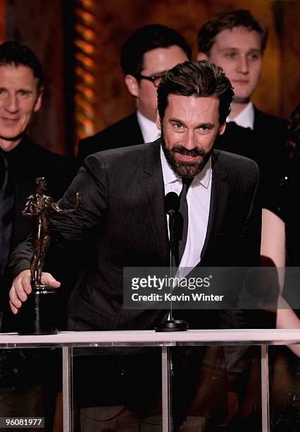 Actor Jon Hamm accepts the Ensemble In A Drama Series award for "Mad Men" onstage at the 16th Annual Screen Actors Guild Awards held at the Shrine...