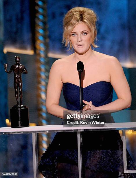 Actress Drew Barrymore accepts the Female Actor In A TV Movie or Miniseries award for "Grey Gardens" onstage at the 16th Annual Screen Actors Guild...