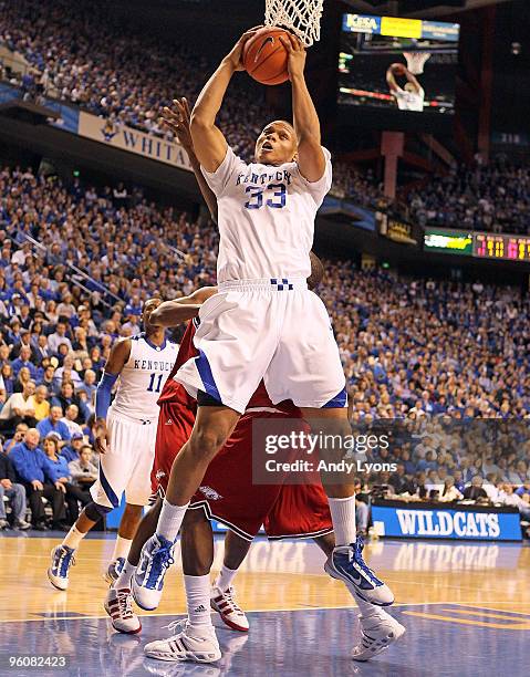 Daniel Orton of the Kentucky Wildcats grabs a rebound during the SEC game against the Arkansas Razorbacks on January 23, 2010 at Rupp Arena in...