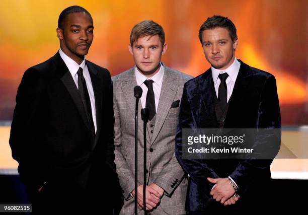 Actors Anthony Mackie, Brian Geraghty and Jeremy Renner speak onstage at the 16th Annual Screen Actors Guild Awards held at the Shrine Auditorium on...