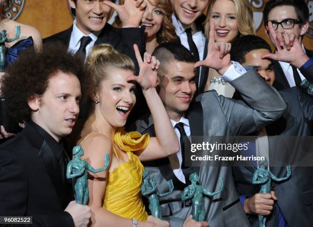 The cast of "Glee" poses with their award for An Ensemble In A Comedy Series in the press room at the 16th Annual Screen Actors Guild Awards held at...