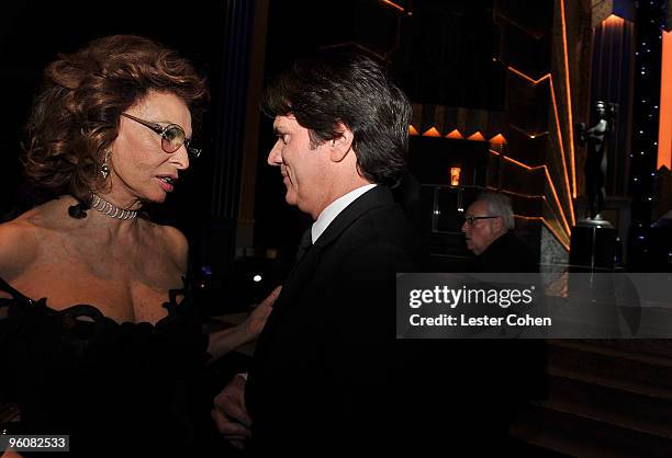 Actress Sophia Loren and guest attend the TNT/TBS broadcast of the 16th Annual Screen Actors Guild Awards at the Shrine Auditorium on January 23,...