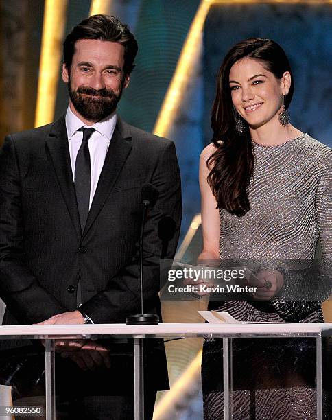 Actor Jon Hamm and actress Michelle Monaghan speak onstage at the 16th Annual Screen Actors Guild Awards held at the Shrine Auditorium on January 23,...