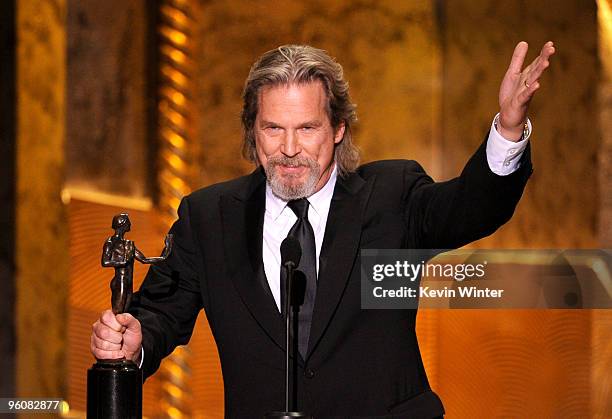 Actor Jeff Bridges accepts the Male Actor In A Leading Role award for "Crazy Heart" onstage at the 16th Annual Screen Actors Guild Awards held at the...
