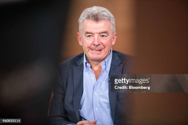 Michael O'Leary, chief executive officer of Ryanair Holdings Plc, reacts during a Bloomberg Television interview in London, U.K., on Monday, May 21,...
