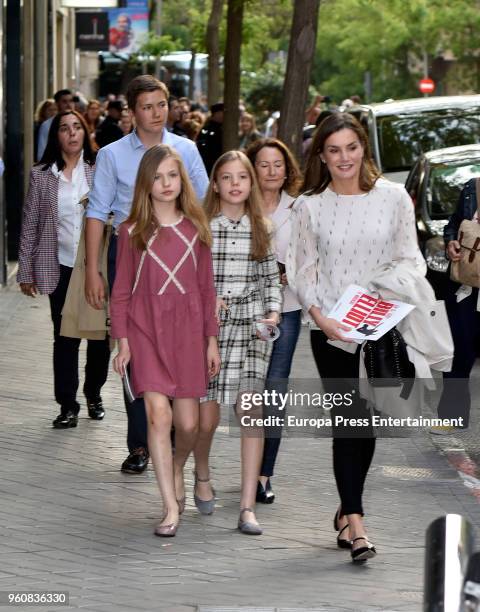 Queen Letizia of Spain , Princess Leonor of Spain , Princess Sofia of Spain and Queen Letizias mother Paloma Rocasolano leave the theatre after...