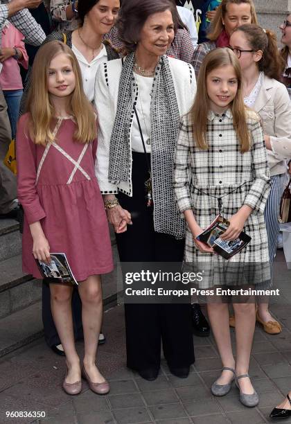 Queen Sofia, Princess Sofia of Spain , Princess Leonor of Spain and Victoria Federica de Marichalar are seen after going to see the 'Billy Elliot'...