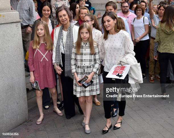 Queen Sofia , Queen Letizia of Spain , Princess Leonor of Spain , Princess Sofia of Spain and Victoria Federica de Marichalar leave the theatre after...