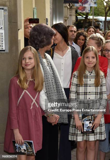 Queen Sofia, Princess Leonor of Spain Princess Sofia of Spain and Victoria Federica de Marichalar leave the theatre after watching the musical play...