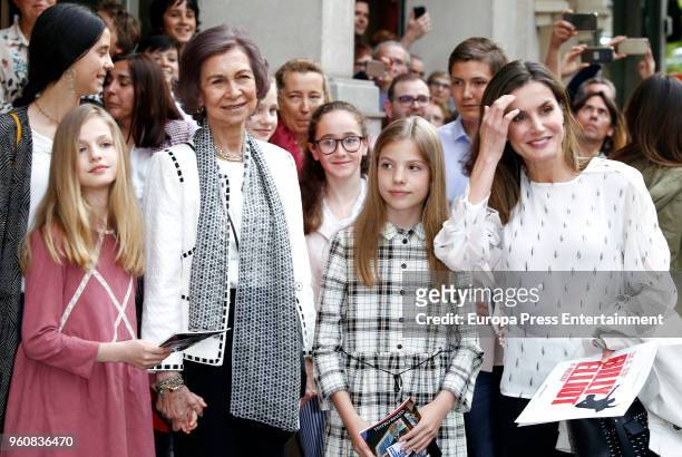 Queen Sofia , Queen Letizia of Spain , Princess Leonor of Spain , Princess Sofia of Spain , Victoria Federica de Marichalar leave the theatre after...