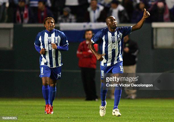 Jerry Palacios of Honduras gives a thumbs up after scoring a goal in the first half during their international friendly against USA on January 23,...
