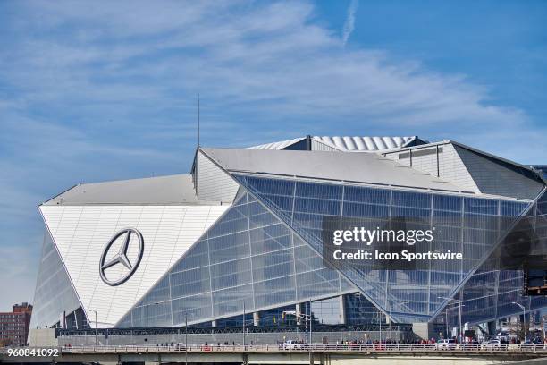 General view of the exterior of the Mercedes-Benz Stadium is seen on the exterior of the Mercedes-Benz Stadium during an NFL football game between...
